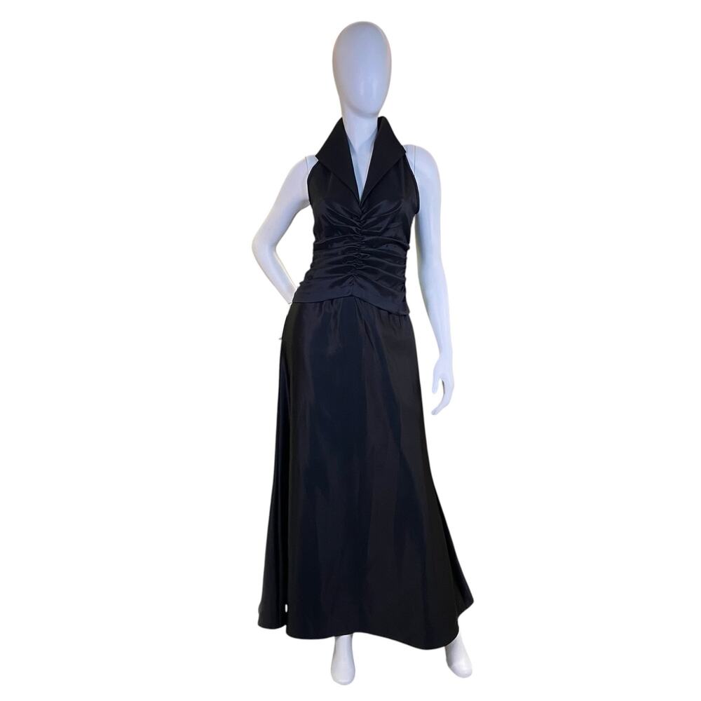1990s Tadashi Black Satin Halter Evening Gown Sculptural Collar Size 6